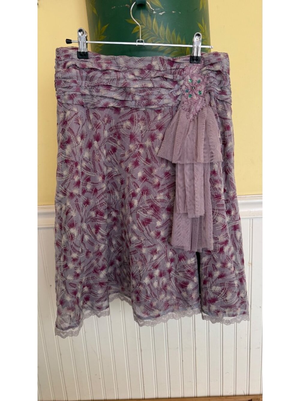 Free People Purple Lace Overlay Floral Midi Skirt With Embellished Flower Detail